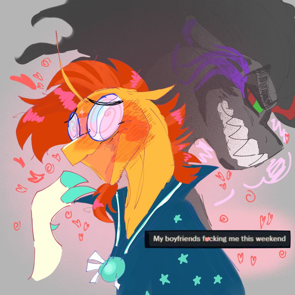 A digital artwork of Sunburst from MLP: FiM from the bust up. He's flustered and blushing while daydreaming about King Sombra. A snipped screenshot of something acts as dialogue, reading "My boyfriend's fucking me this weekend"