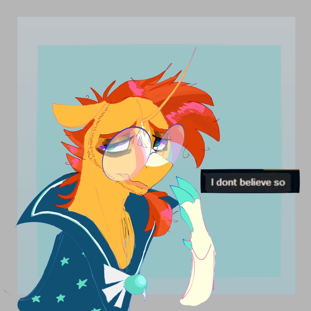 A digital artwork of Sunburst' from MLP: FiM from the bust up. He looks worried and/or nervous with furrowed eyebrows. A snipped screenshot of something is used as dialogue, reading "I don't believe so"