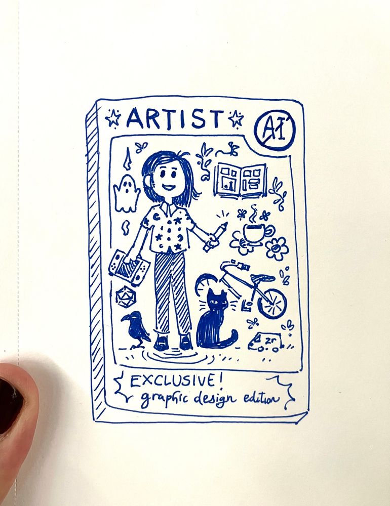 The artist in a dollbox anti-AI drawing meme, but it’s me holding a pencil and a Nintendo switch, with accessories featuring a comic book, a ghost, herbal tea, a D 20, a bicycle, a raven and a black cat. The bottom of the box says “exclusive graphic design edition.”
