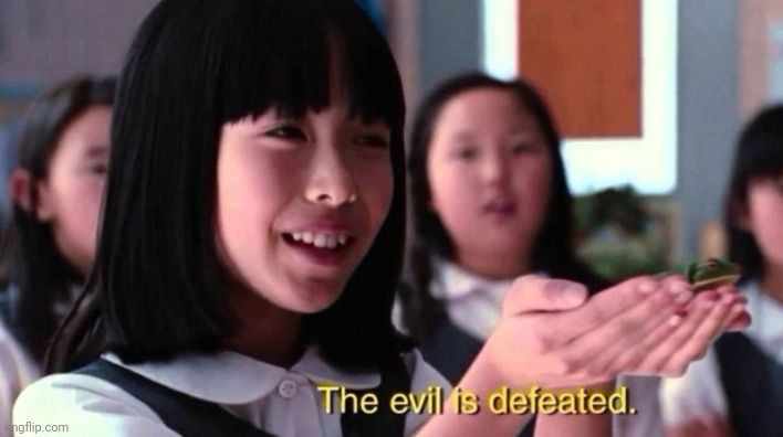 An asian girl saying “ the evil is defeated”
