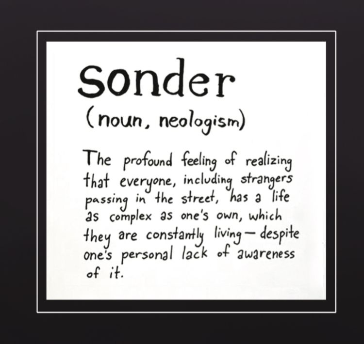 sonder (noun, neologism)
The profound feeling of realizing that everyone, including strangers passing in the street, has a life as complex as one's own, which they are constantly living - despite one's personal lack of awareness of it.