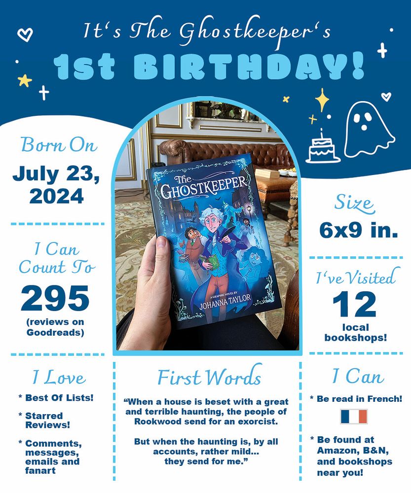 It's The Ghostkeeper's 1st BIRTHDAY!
+
Born On
July 23, 2024
The
GHOSTKPEPER
I Can
Count To 295
(reviews on Goodreads)
Size
6x9 in.
JOHANNA TAYLOR
I’ve Visited
12
local bookshops!
I Love
* Best Of Lists!
* Starred
Reviews!
* Comments, messages, emails and fanart
First Words
"When a house is beset with a great and terrible haunting, the people of Rookwood send for an exorcist.
But when the haunting is, by all accounts, rather mild... they send for me."
I Can
* Be read in French!
* Be found at
Amazon, B&N, and bookshops near you!