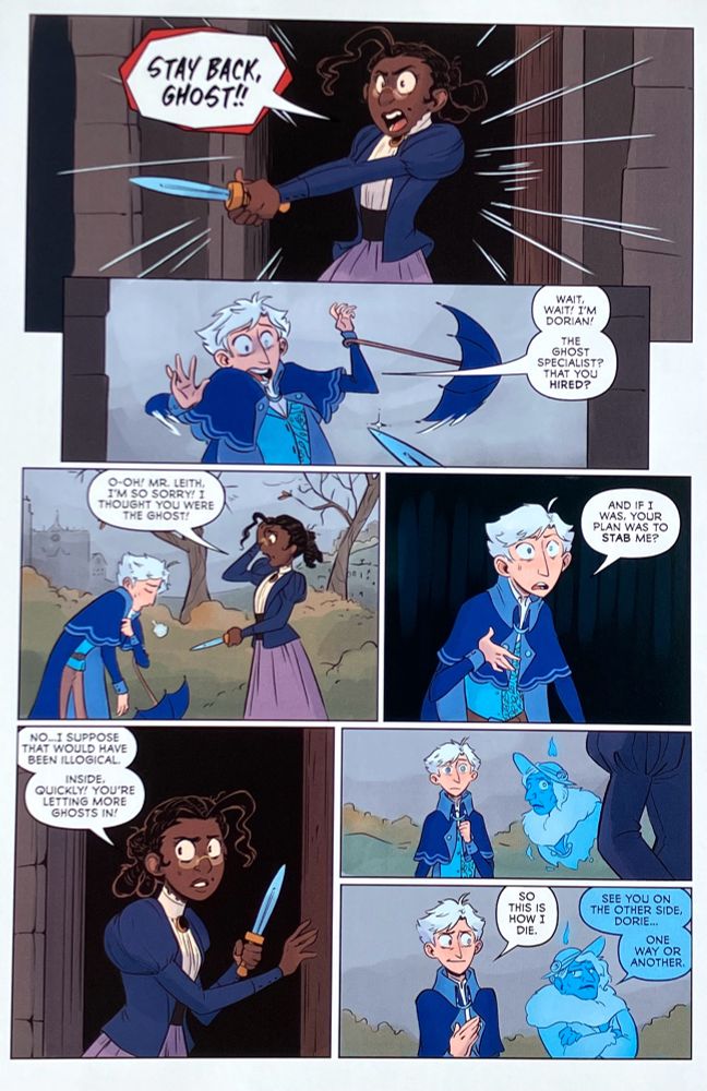 A page from my comic in which prudence pulled a knife on Dorian because she thinks he’s a ghost