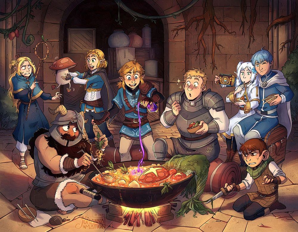 Illustration of Zelda and Link (Tears of the Kingdom) cooking with the main party of Delicious in Dungeon, while Frieren and Himmel (Frieren) take a selfie with Zelda's Purah pad camera.
