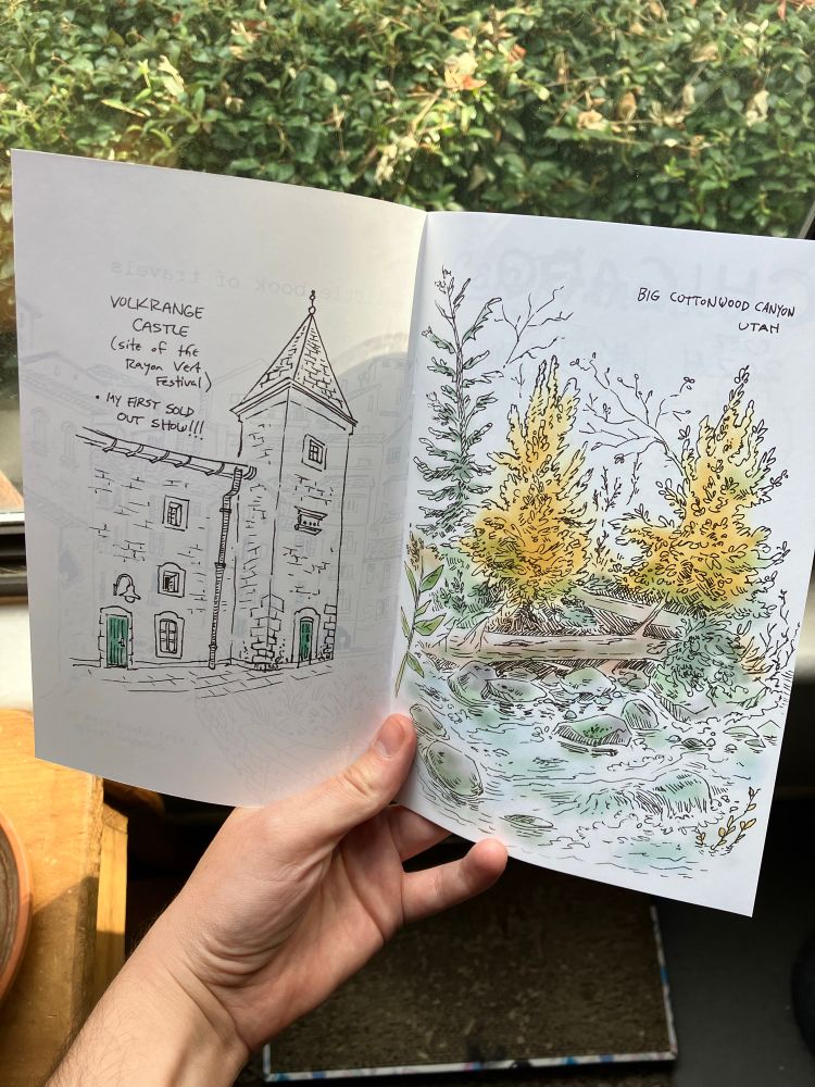 Two sketches of an autumnal log jam waterfall in utah and volkrange castle in france