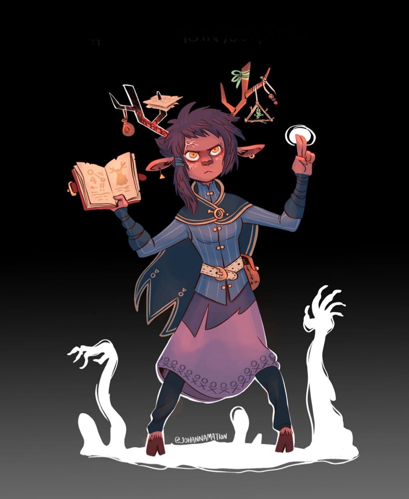 A spooky faun wizard casting shadow magic 