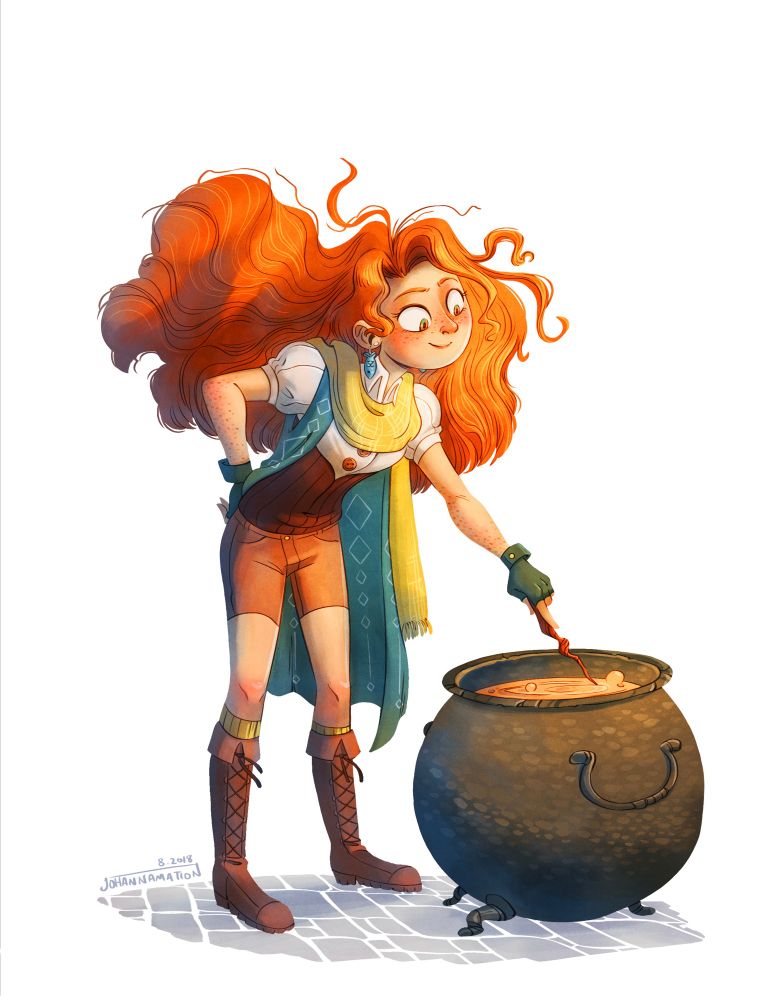 A young witch making soup in a cauldron 