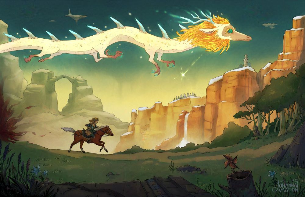 A Glazed illustration of Link from Tears of the Kingdom riding Epona while the Light Dragon flies overheard with a red-rock canyon in the background.