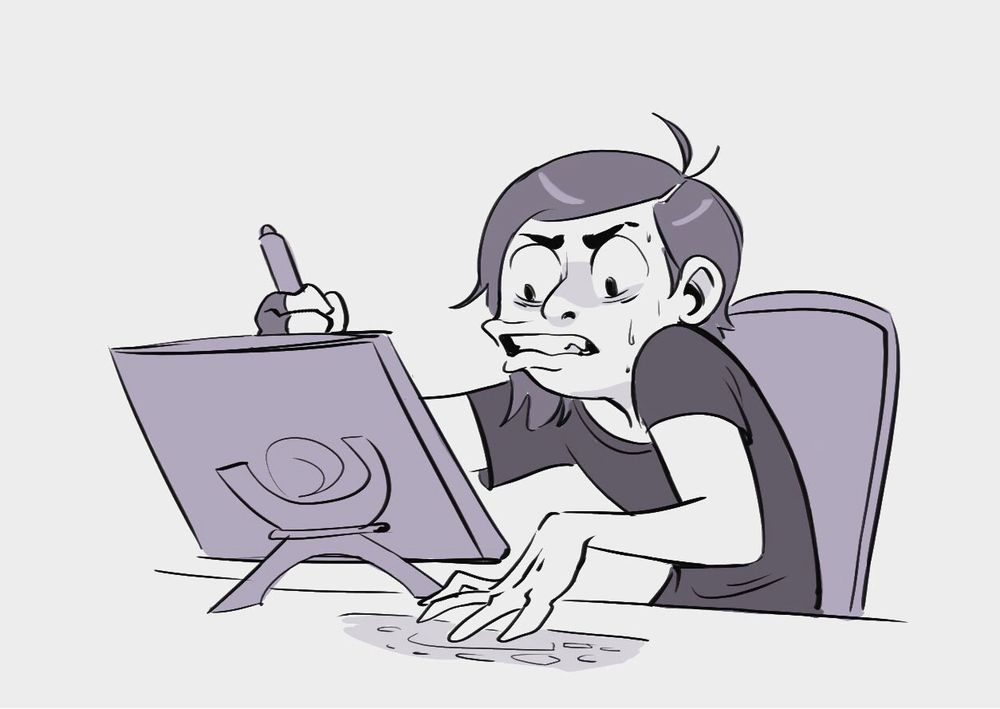 A caricature of my face contorting into a grimace as I draw on a cintiq