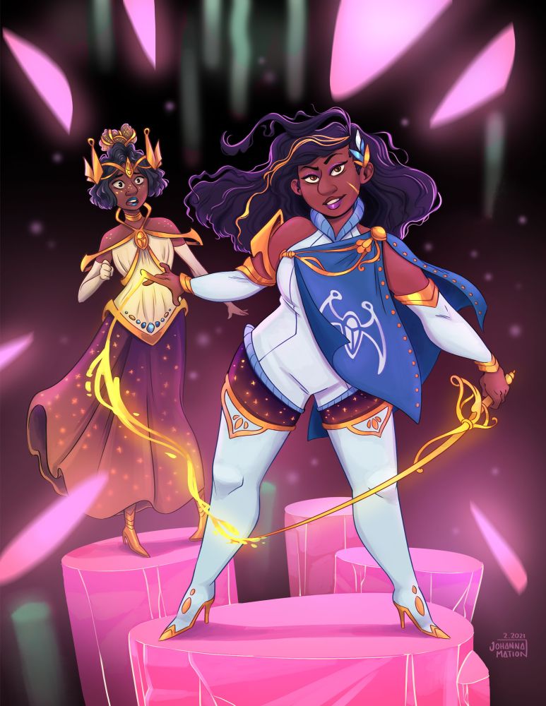A space musketeer lady standing on a pink crystal with a space princess behind her 