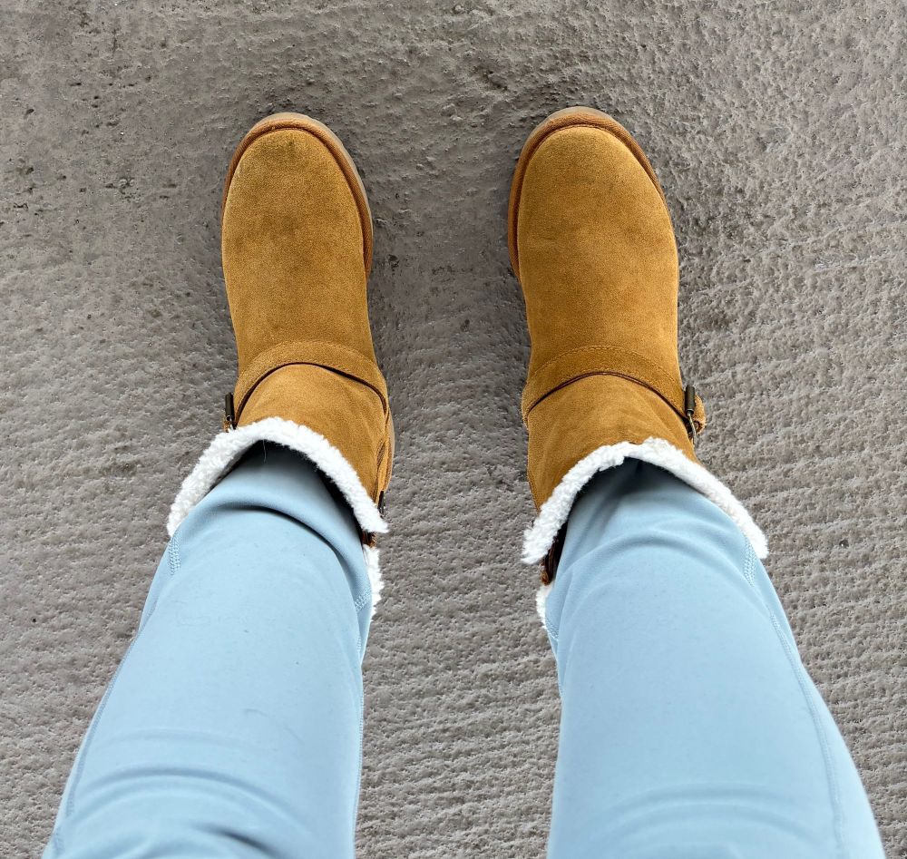 Blue pants and light brown UGGs