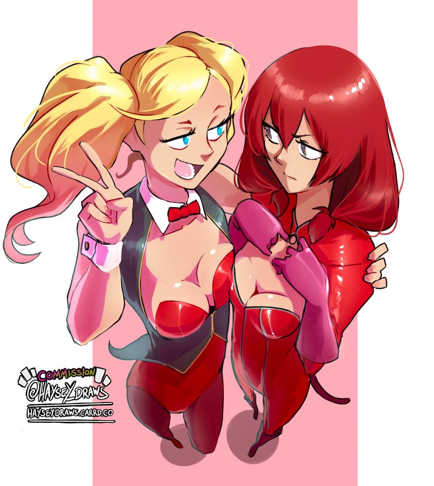 Ann in a Bunny Suit, looking seductively at Mikura in her Phantom Thief outfit.