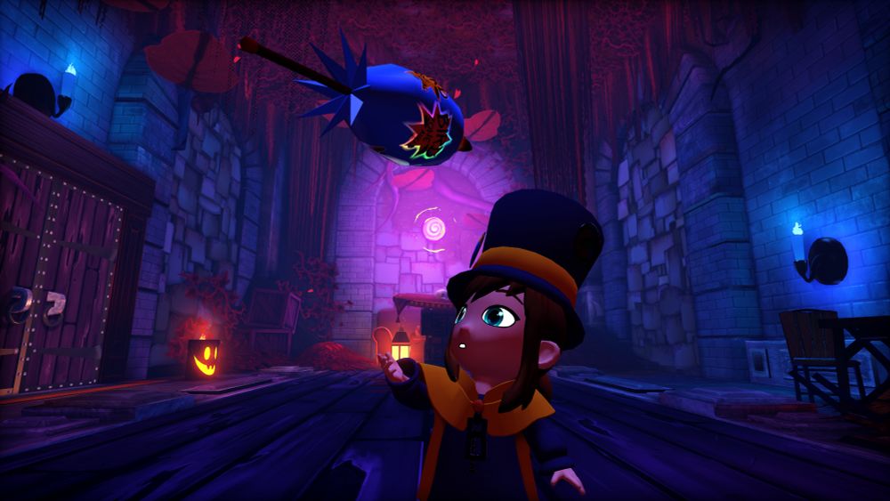 A screenshot of an A Hat in Time mod of a dimly lit room with a portal in the back. Hat Kid is throwing her umbrella in the air.