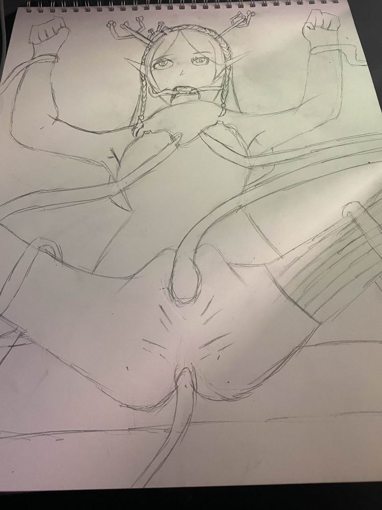 Yggy is restrained by tentacles by spreading her legs and holding her wrists. She is getting double penetrated by the tentacles and has two in her mouth. She has an ahegao expression on her face.