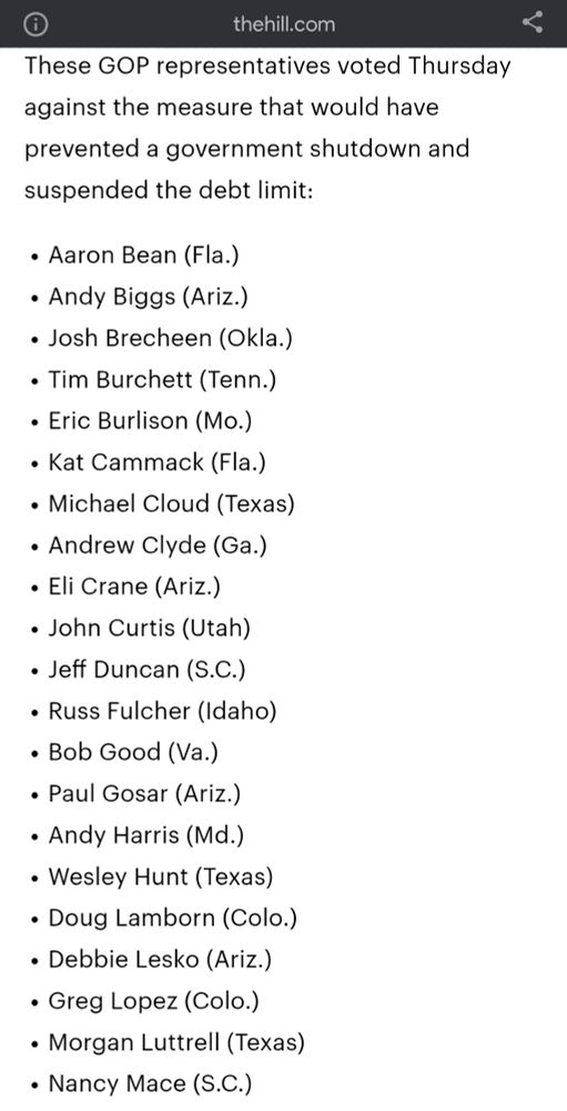 These GOP representatives voted Thursday against the measure that would have prevented a government shutdown and suspended the debt limit:

Aaron Bean (Fla.)
Andy Biggs (Ariz.)
Josh Brecheen (Okla.)
Tim Burchett (Tenn.)
Eric Burlison (Mo.)
Kat Cammack (Fla.)
Michael Cloud (Texas)
Andrew Clyde (Ga.)
Eli Crane (Ariz.)
John Curtis (Utah)
Jeff Duncan (S.C.)
Russ Fulcher (Idaho)
Bob Good (Va.)
Paul Gosar (Ariz.)
Andy Harris (Md.)
Wesley Hunt (Texas)
Doug Lamborn (Colo.)
Debbie Lesko (Ariz.)
Greg Lopez (Colo.)
Morgan Luttrell (Texas)
Nancy Mace (S.C.)