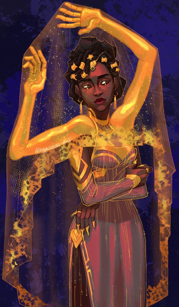 Half-body ortrait of Mel Medarda from Arcane dressed in a haute-couture outfit (reference in the thread). Its most defining feature is a pair of golden arm shaped shoulder pads that gently carry a veil all around Mel's upper body. The veil is golden and shimmery, and through its sheer fabric we can see Mel standing in a relaxed pose, expression soft and head slightly tilted to the left of the picture. She is contrasted by an abstract navy blue background that emphasises the brightness of her golden attire. 