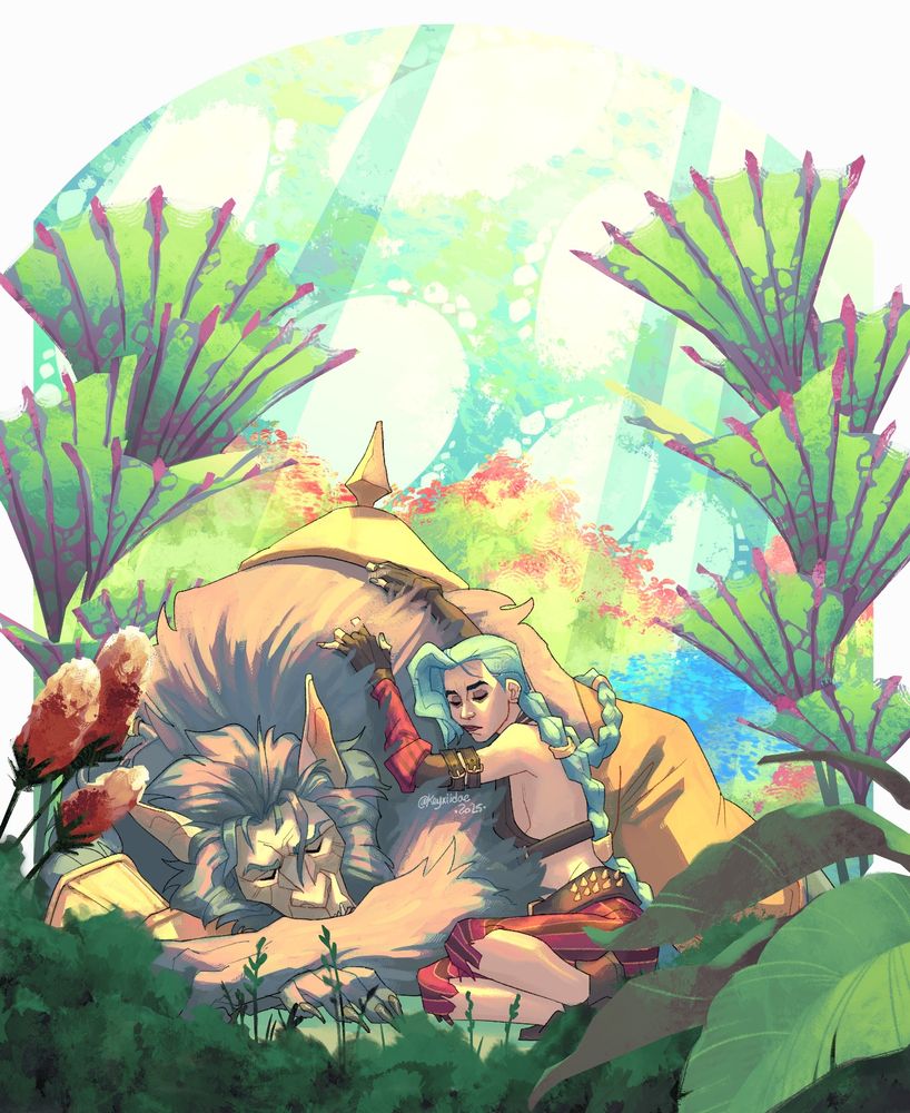 picture of Arcane's Vander (as Warwick) and Jinx resting in Viktor's commune's greenhouse from season 2. Jinx is leaning on Vander's massive form. The scene is bright, serene and bordered front and back with greenery. 
