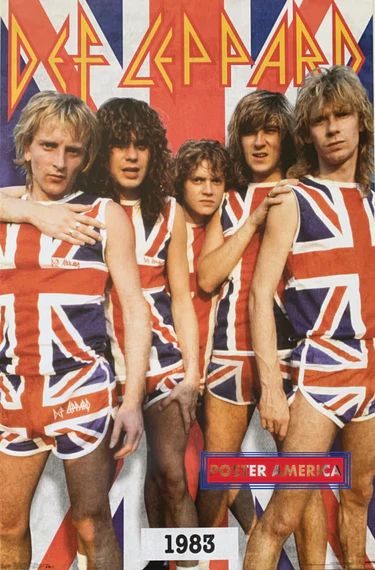 English rock band Def Leppard in 1983 dressed in Def Leppard branded union jack shorts and singlets
