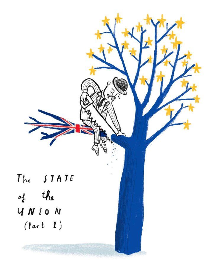 Cartoon by Oliver Jeffers: "State of the Union (part 1)
A blue tree with many golden stars on the ends of its branches, except for one branch that goes off to the side which has a union jack stretching along it. A man in a suit and bowler hat is sitting on that branch, sawing away at the part of the branch between him and the trunk, so when he's done, he and the branch will come crashing down.
Welcome to the Brexit.