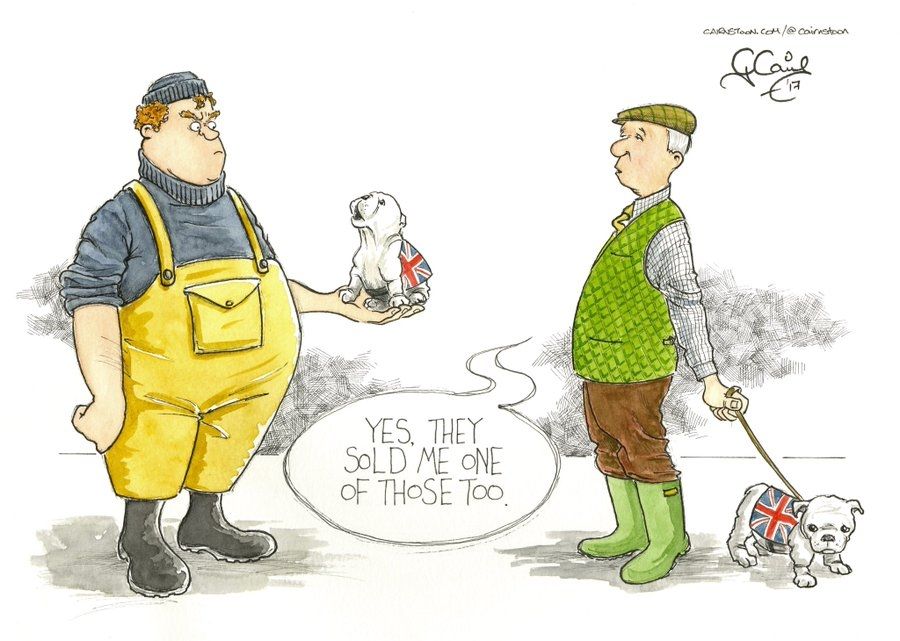 cartoon by Chris Cairns 

A fisherman in yellow oilskin dungarees is scowling at a tiny bulldog pup sitting on the palm of his in hand which is wearing a union flag coat 

A farmer in green wellies and flap cap who also has one of these small patriotic puppies on a lead is saying: "Yes, they sold me one of those too"