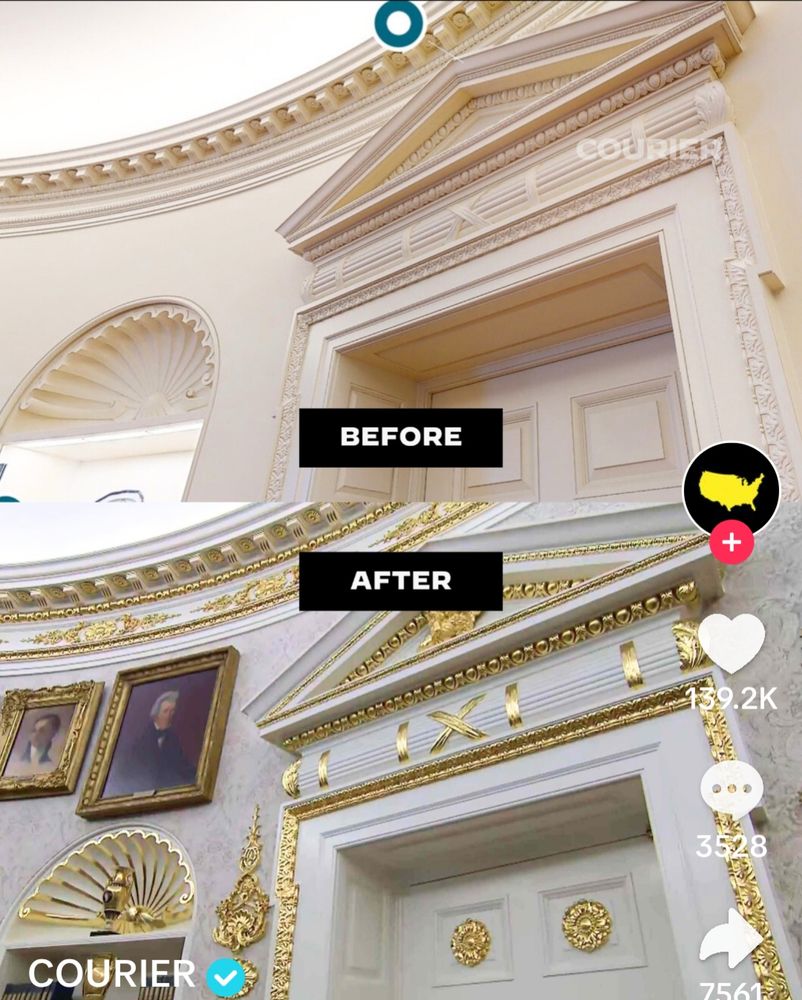 Before and after photo comparison of how Trump has gilded every single edge of the historic plaster moulding of the walls, doors and ceiling in this White House room (Oval Office?) and added Temu shiny tat additional features.