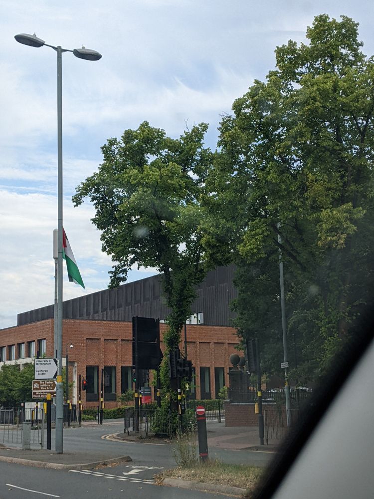 Another Palestinian flag on a lamppost near the University of Birmingham sports centre 
