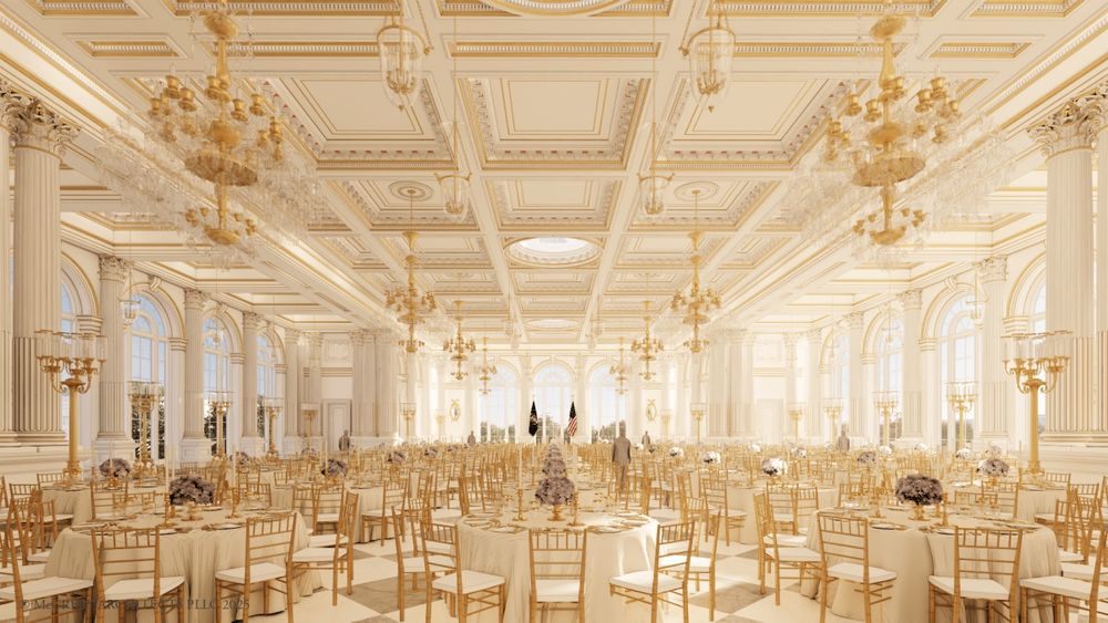 AI rendering of the proposed great Trump ballroom. It's a huge white room with huge vaulted ceilings, tall windows on 3 sides and golden chandeliers hanging from the ceiling and golden candelabra-style lamps stand along the walls in-between grand Corinthian (?) columns. The floor is filled by long rows of round dining tables surrounded by 12 golden chairs. It appears to have a checkerboard design of white and dark gold but hard to see. It gives the impression of a mid-range Indian wedding venue.