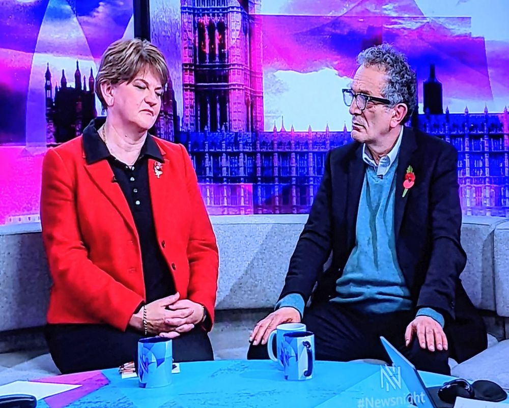 Two glum Newsnight sofa warmers - Arlene Foster, former leader of the Democratic Unionist Party (DUP) and rotten Blue Labour nationalist old man Maurice Glasman 