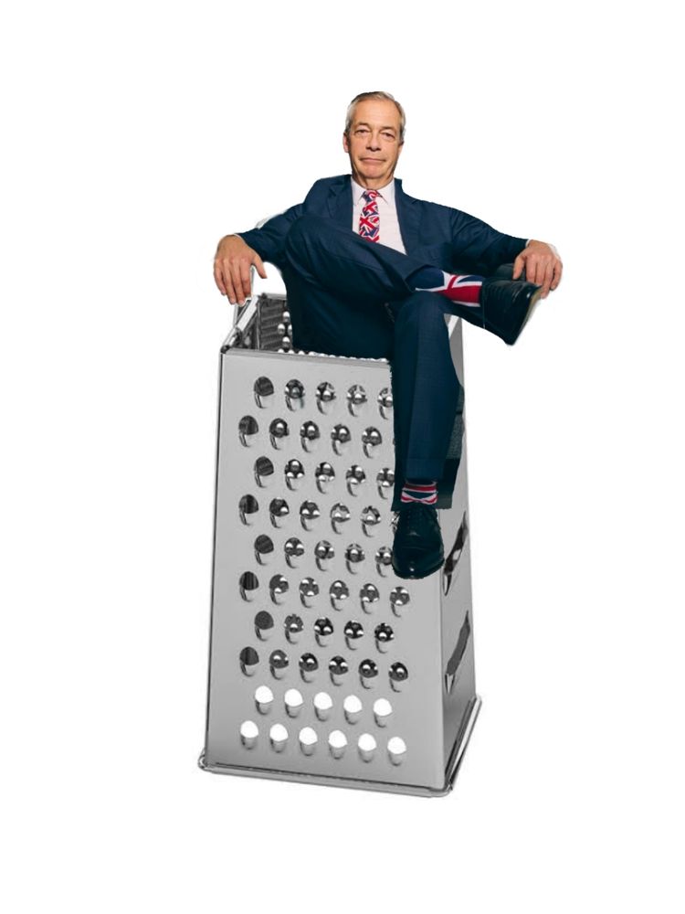 meme image of Nigel Farage sitting on top of a silver box kitchen grater. 

he's a traitor... 