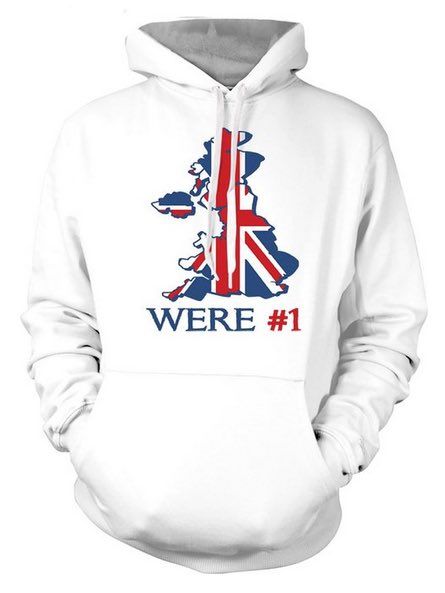 white hoodie with a map of UK and Northern Ireland coloured in with the union flag and text which reads: 