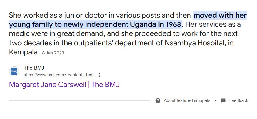 She worked as a junior doctor in various posts and then moved with her young family to newly independent Uganda in 1968. Her services as a medic were in great demand, and she proceeded to work for the next two decades in the outpatients' department of Nsambya Hospital, in Kampala.6 Jan 2023 Margaret Jane Carswell | The BMJ
