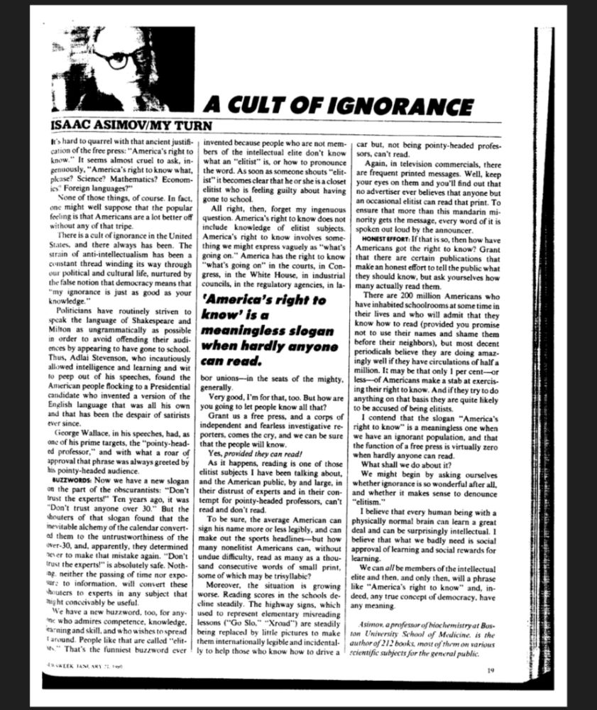 image of 3 column Newsweek article “A Cult of Ignorance” by Isaac Asimov, January 21, 1980, p. 19.

Article alt-text shared over next 3 images doesn't completely fit to each so has been spread out 