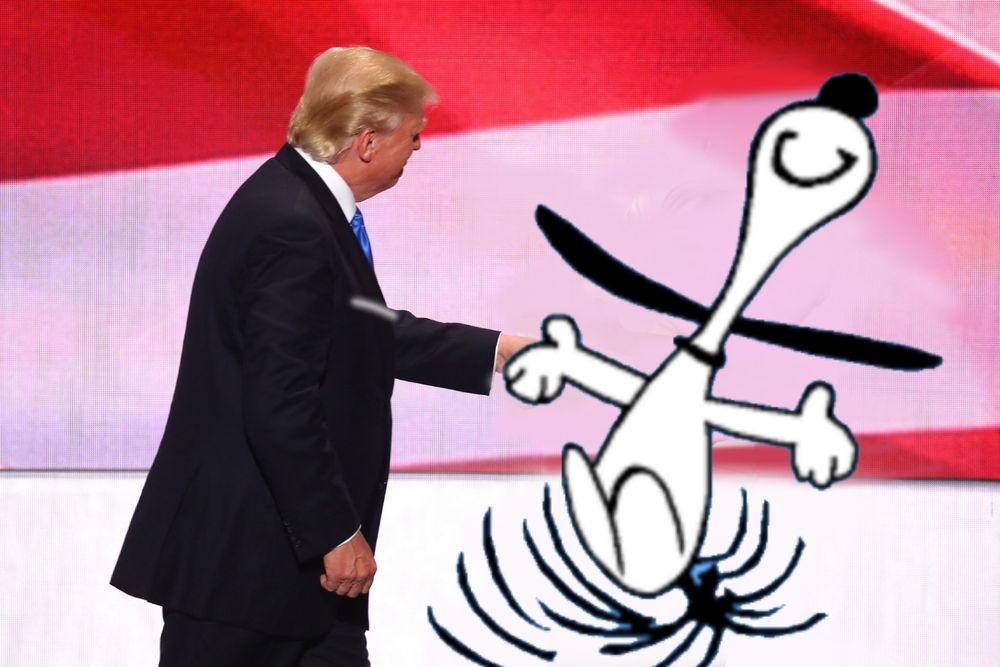 Donald Trump being led away to the afterlife by the American Charon, Snoopy, who is doing a happy dance.