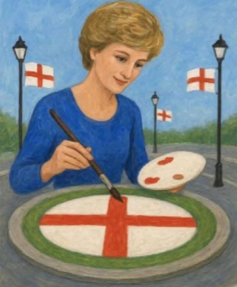 Naïve art style image of a gigantic Princess Diana holding an artist's pallette who is painting a red cross of St George on a roundabout with a huge paint brush. She is surrounded by lampposts which have England flags flying from them. Only her body above the waist is shown, and it's unclear if she has materialised from heaven with half her body below ground, or if the artist thinks she was cut in two by the car accident that killed her.