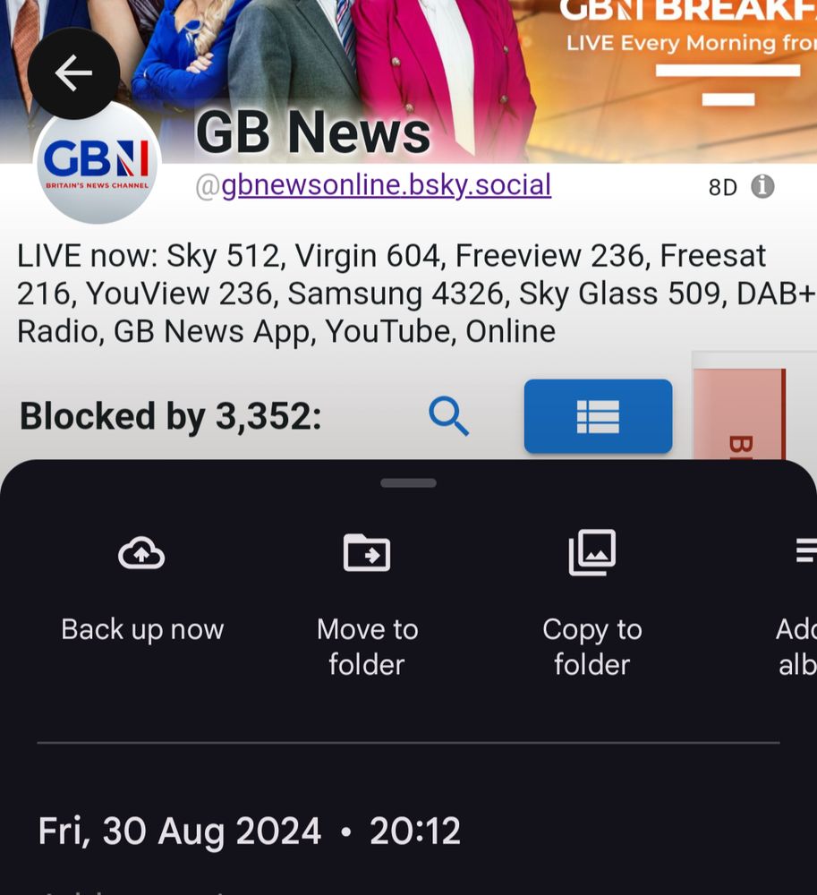 screenshot showing 3352 blocked GB News, timestamp 20:12