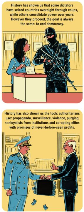 first 2 of 9 frames of an illustrated guide to recognising and resisting authoritarianism

1, [a woman is having to vote under the eye of a balaclava-wearing security force officer with an automatic rifle]
History has shown us that some dictators have seized countries overnight through coups, while others consolidate power over years. However they proceed, the goal is always the same: to end democracy.
2. [drawing of a general and a politician / businessman exchanging a suitcase full of cash]
History has also shown us the tools authoritarians use: propaganda, surveillance, violence, purging nonloyalists from institutions and co-opting elites with promises of never-before-seen profits.
