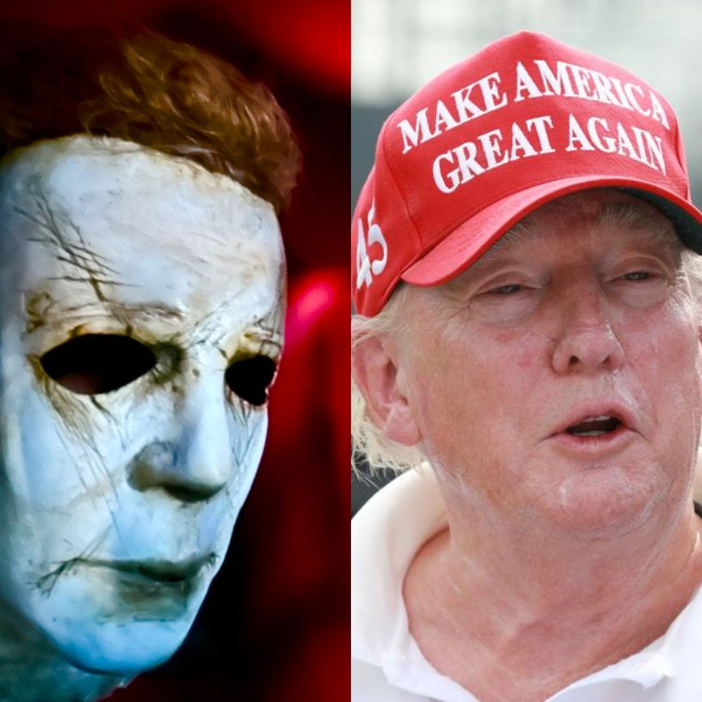 Side by side photos of Michael Myers mask and Donald Trump without makeup 