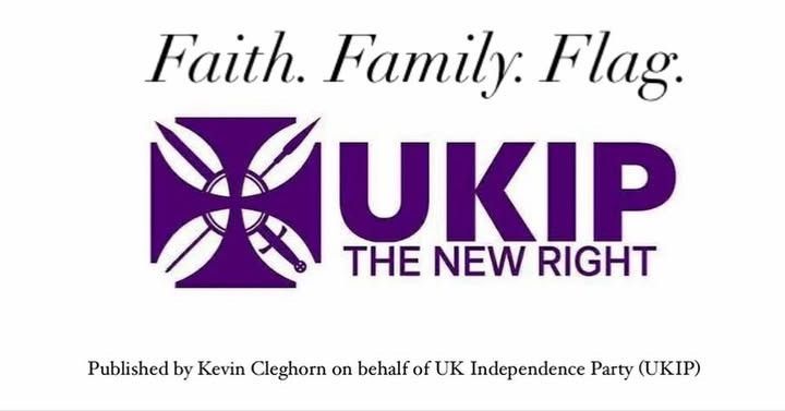 New UKIP logo "Faith, Family, Flag" - UKIP The New Right 
Purple logo with iron cross motif with crossed sword and spear behind it. 