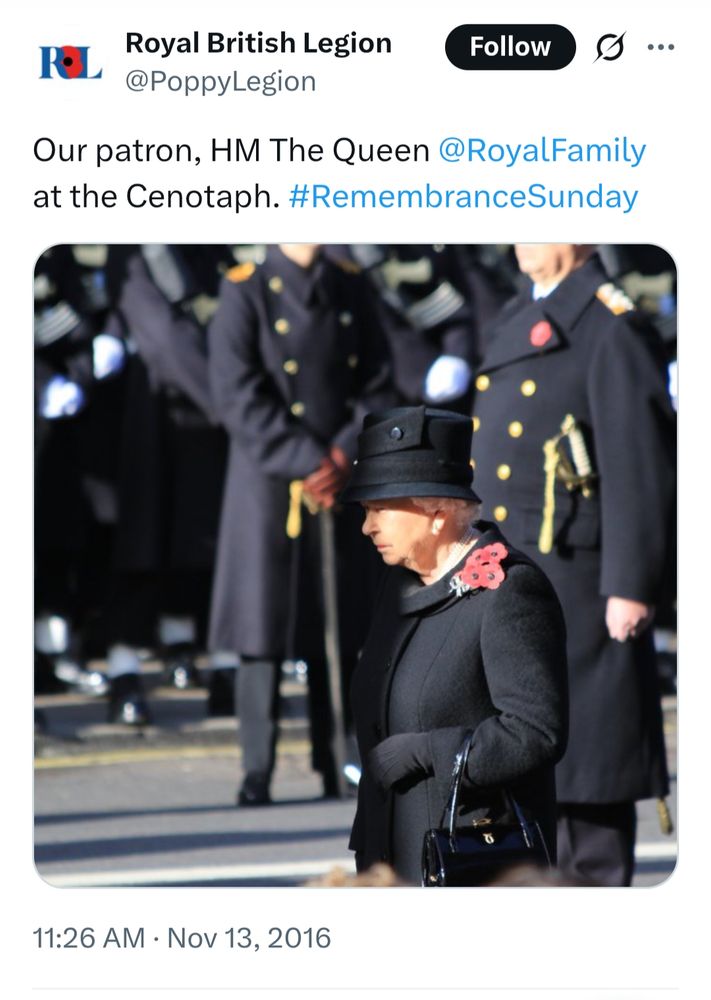 Royal British Legion @PoppyLegion

Our patron, HM The Queen @Royal Family at the Cenotaph. #RemembranceSunday

11:26 AM Nov 13, 2016