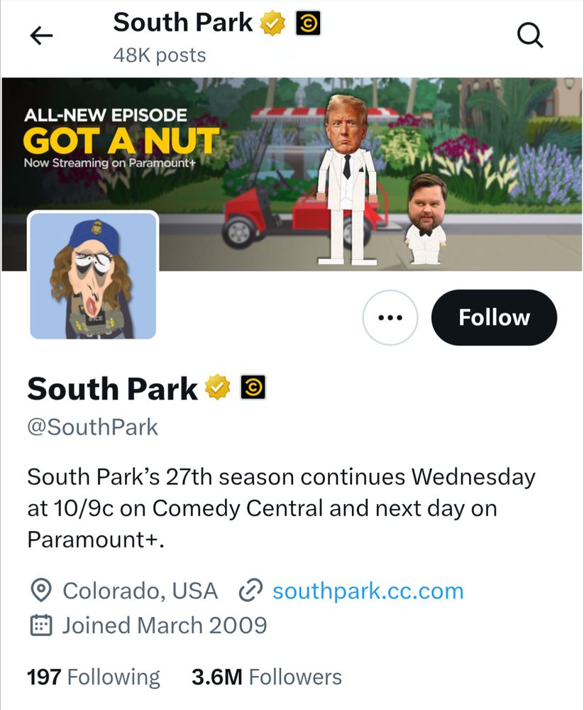South Park profile page shown Donald Trump and JD Vance as the white-suited hosts of Fantasy Island and their profile picture is Kristi Noem's melted face