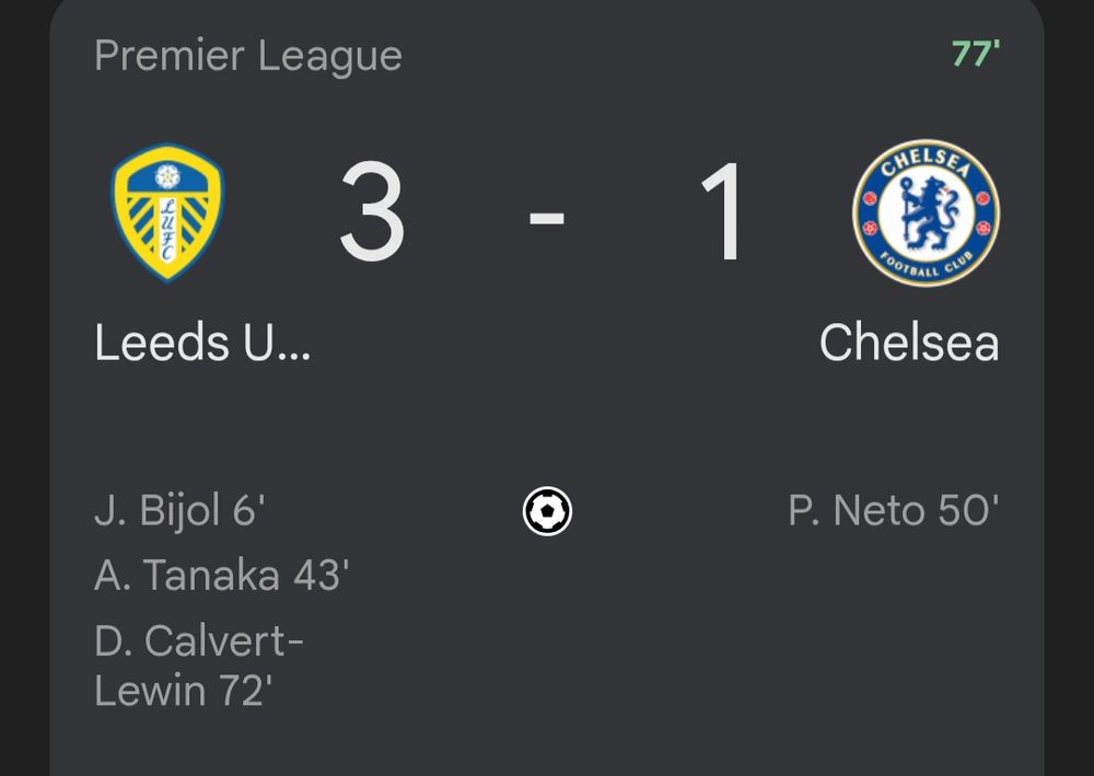 Premier League

Leeds United 3 - 1 Chelsea 
J. Bijol 6'
A. Tanaka 43'
D. Calvert-Lewin 72'
-
P. Neto 50'