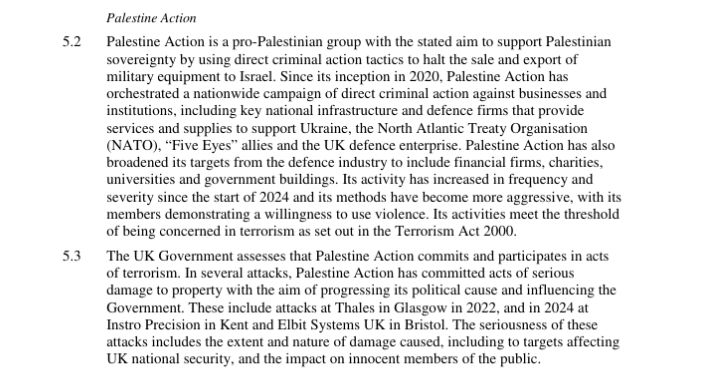 s/s from Palestine Action section of Explanatory Memorandum To The Terrorism Act 2000 (Proscribed Organisations) (Amendment) Order 2025 5.2 Palestine Action is a pro-Palestinian group with the stated aim to support Palestinian sovereignty by using direct criminal action tactics to halt the sale and export of military equipment to Israel. Since its inception in 2020, Palestine Action has orchestrated a nationwide campaign of direct criminal action against businesses and institutions, including key national infrastructure and defence firms that provide services and supplies to support Ukraine, the North Atlantic Treaty Organisation (NATO), 