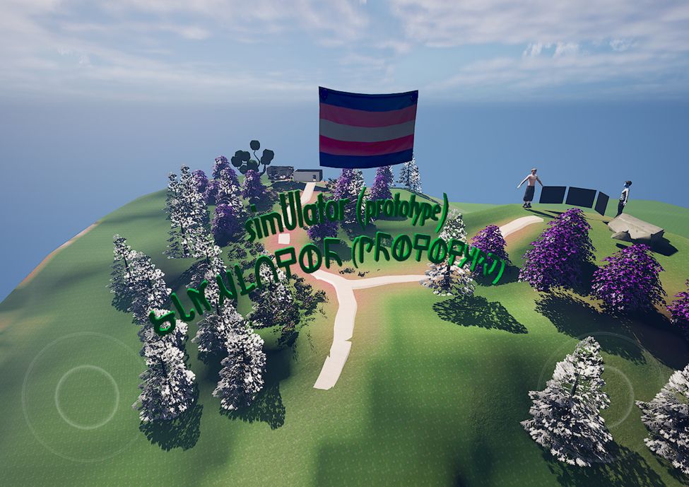 simUlator (prototype): A vibrant 3D rendering of a lush field dotted with purple and white trees, proudly displaying the trans flag fluttering in the breeze. A small house is visible in the background, and nearby two human avatars present a series of unrecognizable images down a hill on the right.

Developed by Amélie Barette in collaboration with Laurence Wells (Art et Essai), this hybrid project, blending virtual reality and immersive documentary, offers a reflection on gender and identity through the lens of video games and their avatars. simUlator provides an immersive experience where viewers explore the stories of protagonists within a house built in The Sims. Each room, accessible virtually, reveals interactive documentary capsules, alternating between animation and live-action footage. This experience allows viewers to modify and choose a body in a unique way, while aiming to both validate and educate trans and non-trans audiences alike.