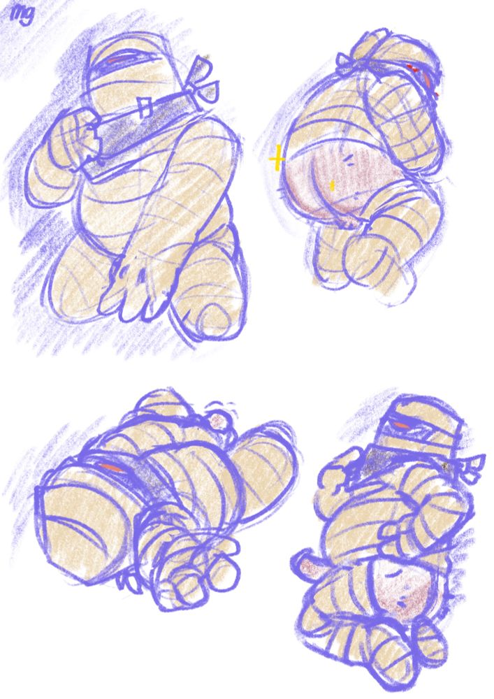 A sketch page featuring multiple common Bandits from Nuclear Throne posing suggestively with their genitals out.
