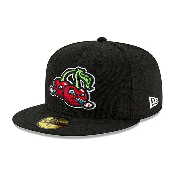 Traverse City Pit Spitters hat, blank hat with two red cherries spitting baseballs.