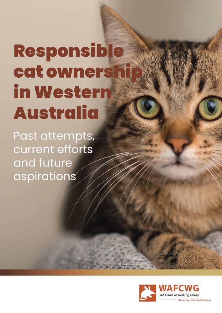 Report cover showing a resting pet cat looking at the camera, with the report title: Responsible cat ownership in Western Australia: past attempts, current efforts and future aspirations.