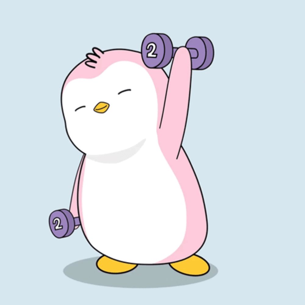 a pink penguin is lifting purple dumbbells with the number 2 on them