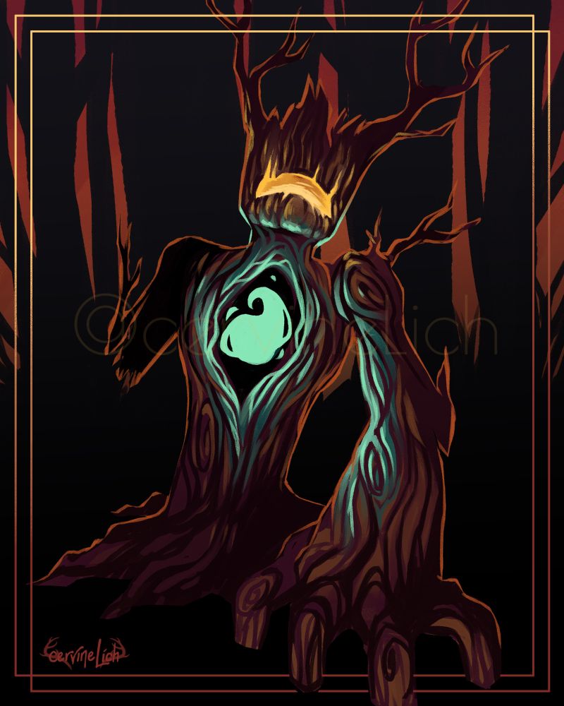 A digital painting of a humanoid tree creature growing from the ground. Along the whole painting, the shadows are a purplish tint and the backlight is orange. The tree has one arm extended toward the viewer and their head tipped back. Their mouth is open in a grimace with a yellow glow inside and in the chest of the tree there is a hole with a glowing light blue ghostly shape.