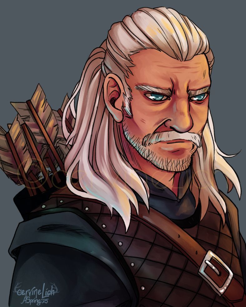A digital painting of a light skinned over man with long white hair pulled into a half ponytail. He has a stern look and light blue eyes and has a quiver slung onto his back full of arrows.