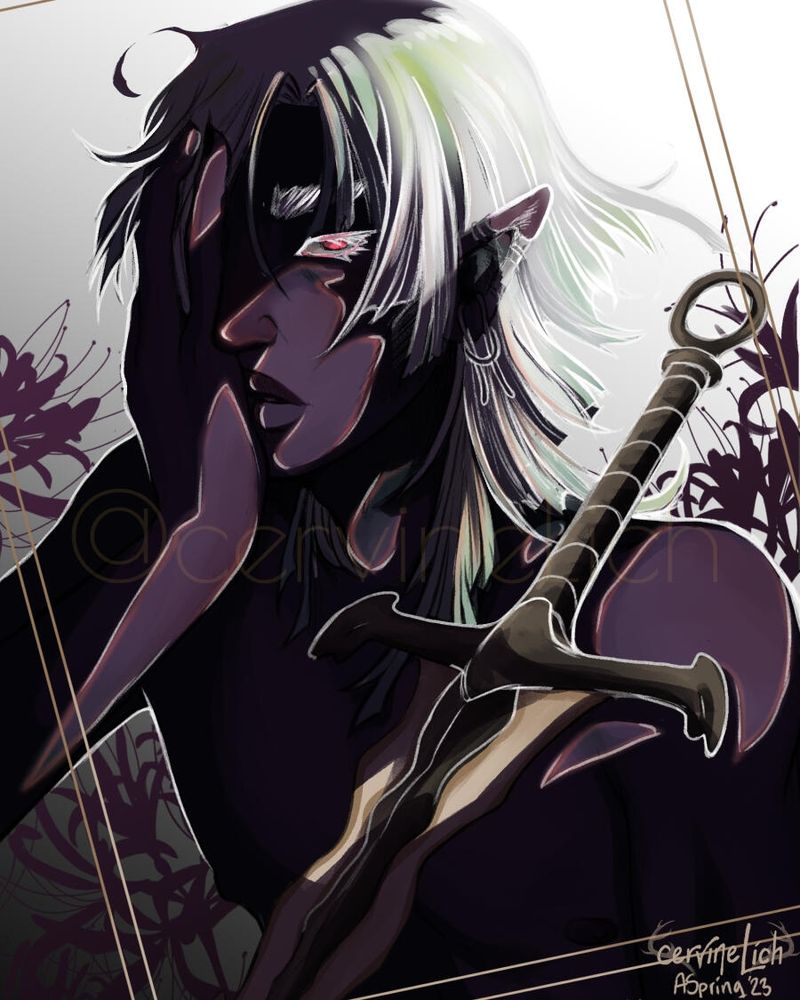 A digital painting of a purple skinned drow from the chest up. He is heavily shadowed, covering the shadowed part of his face with his hand. His visible eye is bright pink and he has white choppy shoulder length hair. Leaning on his visible shoulder is a sword that has a somewhat spiked heavy handle and hilt and the blade itself is bone colored.